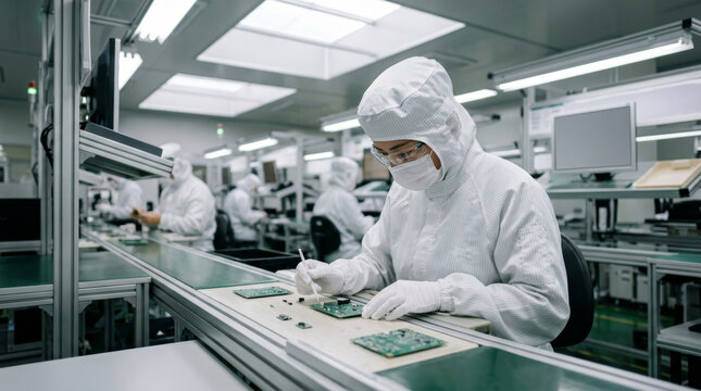 Technicians in clean suits assemble electronic components on a conveyor belt in a factory