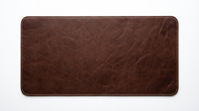 Vintage brown leather desk mat with stitched edges, textured leather mouse pad on white background, rustic office accessory for workspace organization