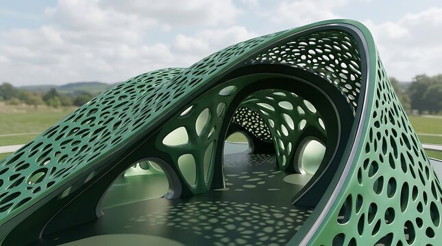 Modern futuristic architectural pavilion structure with organic cellular patterns and complex design