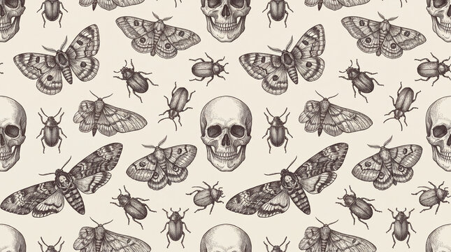A vintage-style, hand-drawn seamless pattern featuring skulls, moths, and beetles on a beige background.