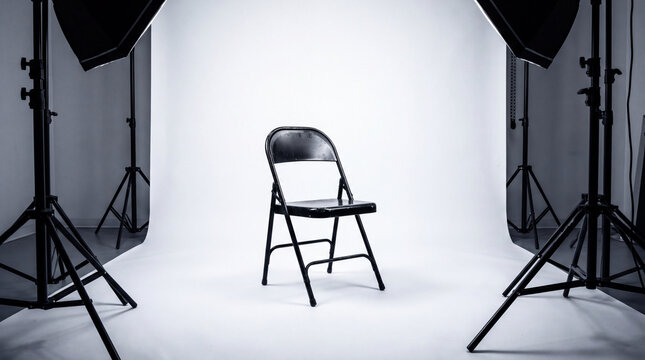 A black folding chair sits alone in a brightly lit photography studio, surrounded by professional lighting equipment.