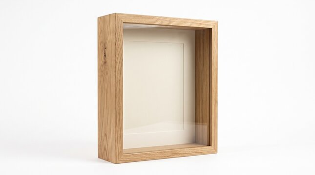 Natural oak wood shadow box frame, empty wooden display case for 3D art, minimalist timber picture frame mockup on white background