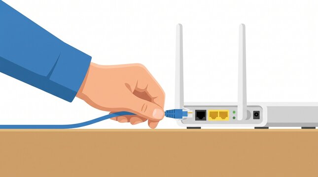 Person connecting ethernet cable to wireless router