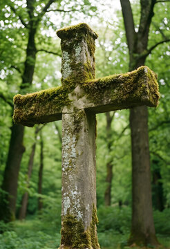 Spirituality and mortality ancient stone cross covered in moss in a quiet forest religious heritage and history nature reclaiming manmade objects