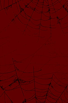 Dark red background with black spider web patterns in the corners
