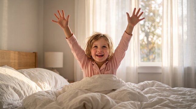 Happy young girl stretching arms on unmade bed celebrating Children's Day