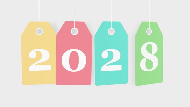 2028 new year colored hanging labels loop animation