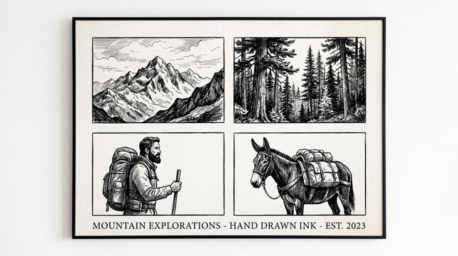 Vintage-style ink drawings depict a mountain range, forest, hiker, and pack mule, representing outdoor adventure.