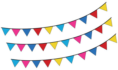 Obraz premium Three rows of colorful triangular party bunting flags hanging in a festive decorative arrangement isolated on transparent background