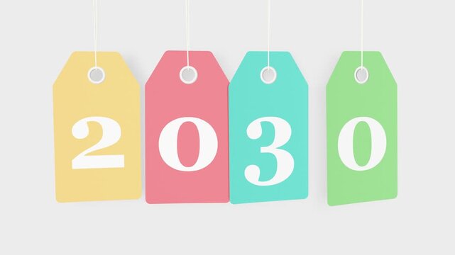 2030 new year colored hanging labels loop animation