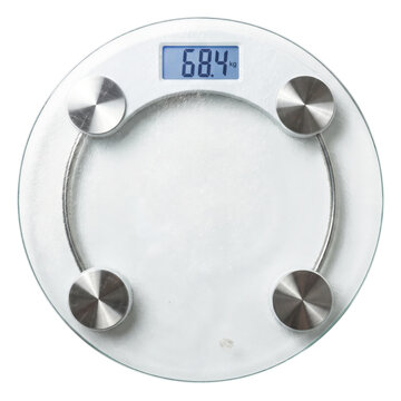 Glass digital scale isolated on a transparent or white background. Essential health measurement equipment for body weight tracking and active pregnancy fitness control.
