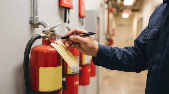 Professional technician inspecting a red fire extinguisher in a commercial hallway, checking the pressure gauge and updating the maintenance tag for safety compliance