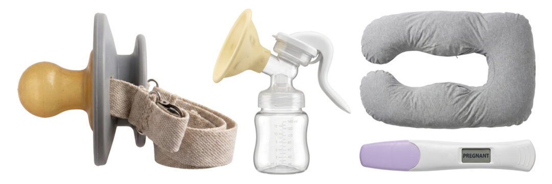 Set of pregnancy objects with pacifier, manual breast pump, body pillow and test isolated on a transparent or white background. Maternity care equipment and expecting mother preparation.