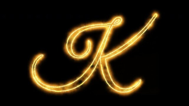 Golden letter k animation, glowing calligraphy script alphabet on black background, typography