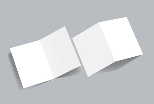 Blank bi-fold brochure mockup on gray background. Two open empty paper booklets template.
