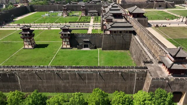 Aerial View of Ancient Chinese Fortress Walls and Courtyard in Xi an, China