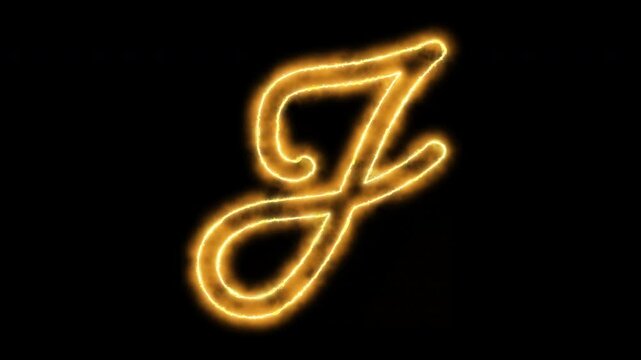 Glowing neon letter j animation with golden fire effect on black background, alphabet typography