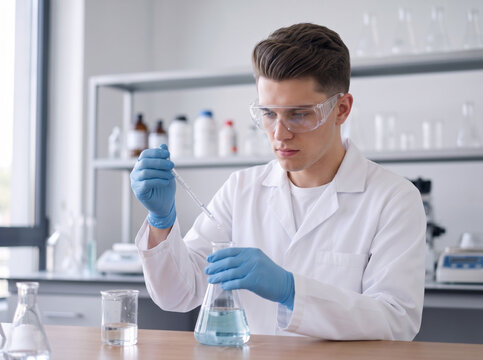 young caucasian male student in white lab coat using pipette and conical flask performing chemistry experiment in modern science laboratory
