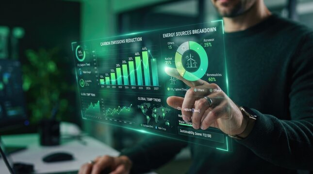 Professional analyzing a futuristic holographic dashboard displaying carbon emissions reduction, energy sources breakdown, and global temperature trends
