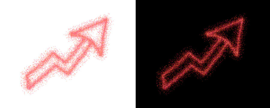 Sparkling red glitter zigzag outline arrow pointer on white and black backgrounds