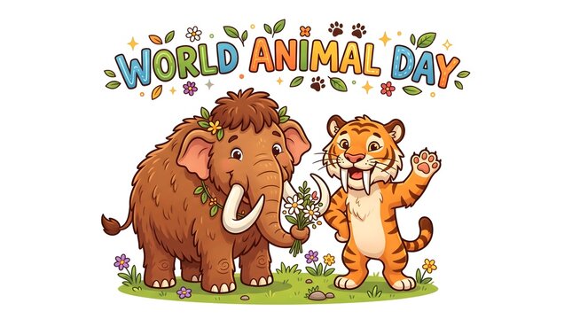 World animal day illustration with mammoth and sabertooth tiger