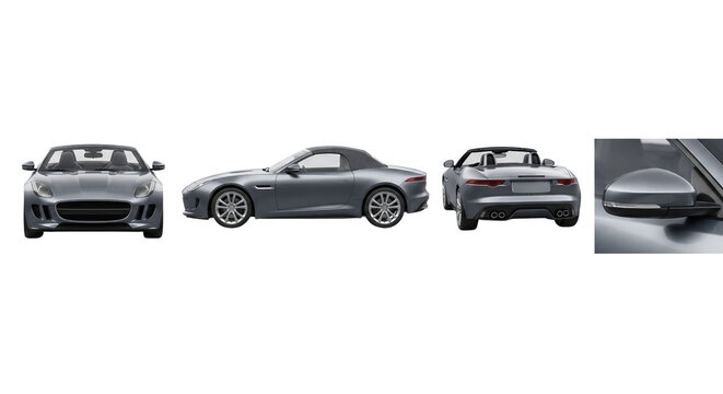 Views of a modern grey sports car from front side rear and detail angle on a white background with luxury vehicle, car white background