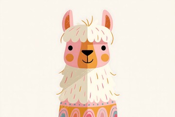Fototapeta premium Illustration of a cute llama with colorful geometric folk patterns on its neck. Playful, Scandinavian-style animal character art with soft pastel tones, perfect for nursery decor and prints.