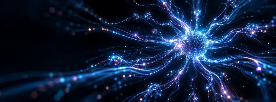 Neural network artificial intelligence concept with glowing blue fiber optic data streams and interconnected nodes transmitting information