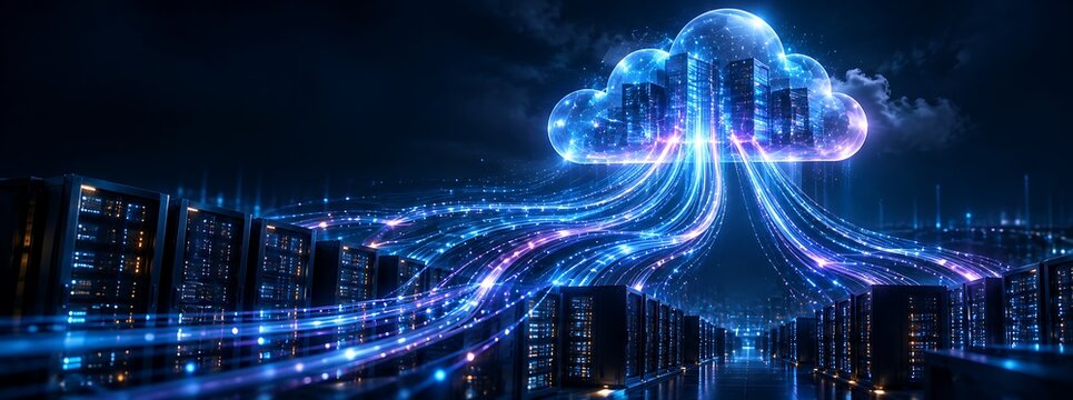 Cloud computing and data center infrastructure with glowing fiber optic data streams flowing between servers and a futuristic cityscape inside a digital cloud