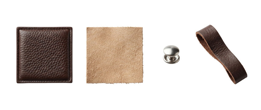 Leather patches metal button and strap craft materials isolated on white background with leather patch, craft material white background