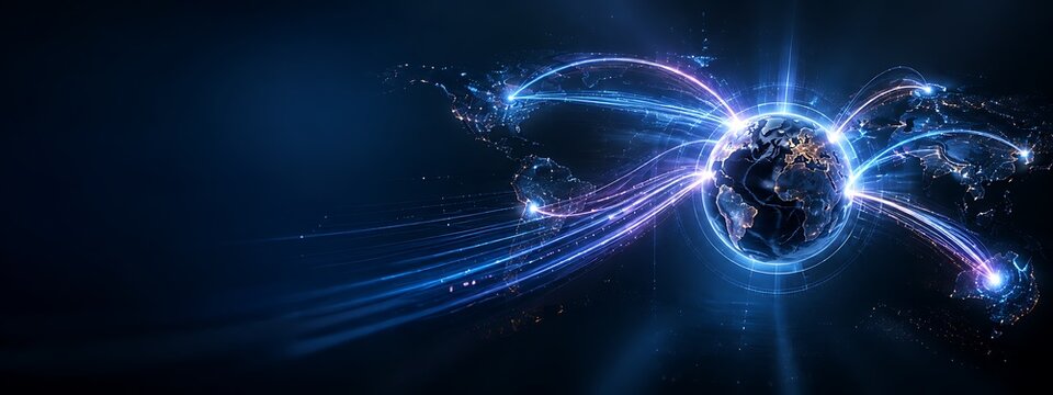 Global communication network connecting the world with digital data streams and glowing light lines over a dark blue map of earth banner format