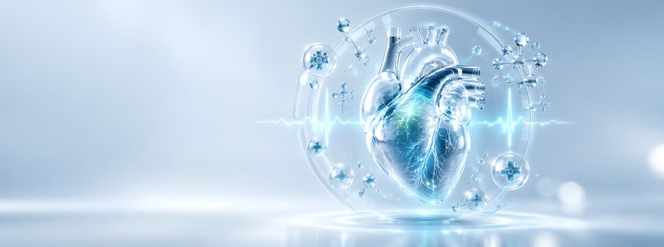 Futuristic digital human heart anatomy with glowing medical science elements, molecular structures, and heartbeat pulse line on a clean blue background