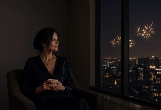 Graceful Woman Sipping A Drink, Gazing At Fireworks: A Serene Celebration Of Joy And Togetherness