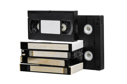 Stack of vintage VHS cassette tapes isolated on white back