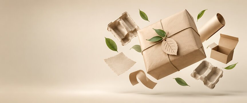 Eco friendly packaging and biodegradable shipping materials floating with green leaves on beige background