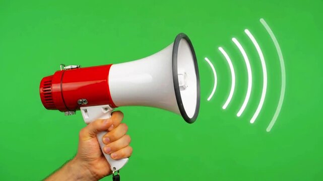 Person Holding Red and White Megaphone Bullhorn with Sound Wave Illustration on Bright Green Background for Public Announcements