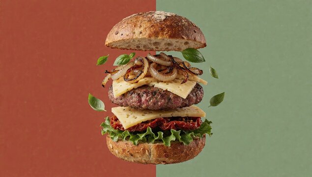 Deconstructed gourmet burger with floating ingredients including cheese, caramelized onions, and rustic bun on split color background, exploded view for food menu design