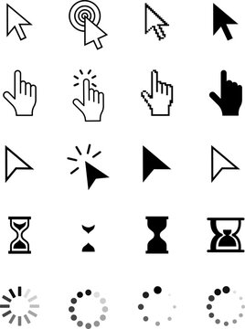 Modern Black Mouse Cursor and Pointer Icon Set: Web Navigation, Loading Spinners, and UI Click Elements - EPS 10