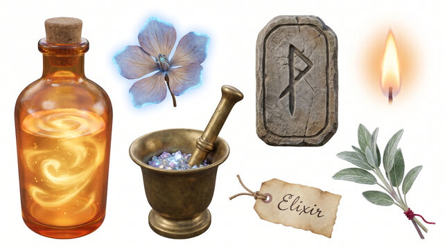 Illustrated elixir crafting set featuring a glowing potion bottle, mortar with crystals, rune stone, sage bundle, blue flower, flame, and tag reading "Elixir". Fantasy RPG assets 