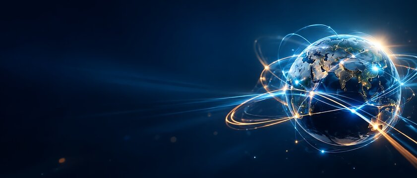 Global network connection and digital communication concept with glowing data streams orbiting planet earth on dark blue background banner