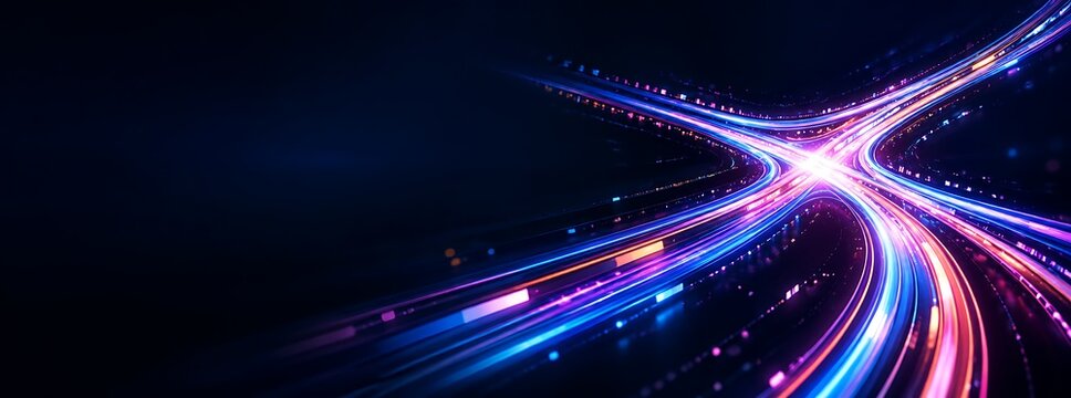 Futuristic digital data stream background with glowing blue and pink light trails representing high speed internet connectivity and cyberspace communication