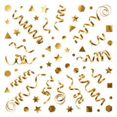 Obraz premium Golden Confetti and Streamers Scattered for Celebration and Party Events PNG Isolated on transparent background