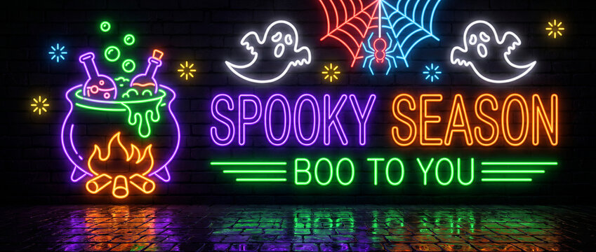 Spooky Halloween Neon Sign with Ghosts, Witch Cauldron, Spider Webs and Boo Text on Dark Brick Wall