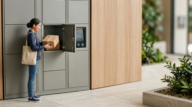 Miniature woman picking up a cardboard parcel from an automated storage locker. Concept of small scale world and tiny people with modern logistics technology and delivery service system.