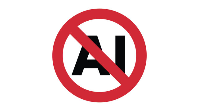 Prohibitive sign with red circle cross over AI text showing restriction of artificial intelligence.