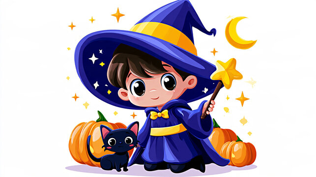 Cartoon illustration of a young boy wearing a wizard hat and cloak, holding a magic wand, with a black cat and pumpkins in a whimsical Halloween-themed setting
