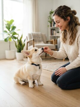 A Woman Lovingly Feeds A Corgi At Home, Highlighting Their Special Bond.