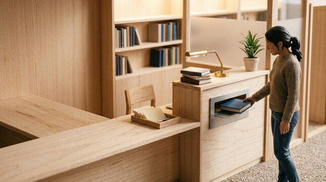 Woman figurine interacting with a miniature wooden library desk. Detailed diorama of a modern study with books and furniture. Creative concept of a world in miniature for hobby and art.