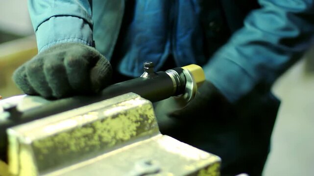 Locksmith gloved hands tightening nut wrench. Metal rod clamped vise workshop.