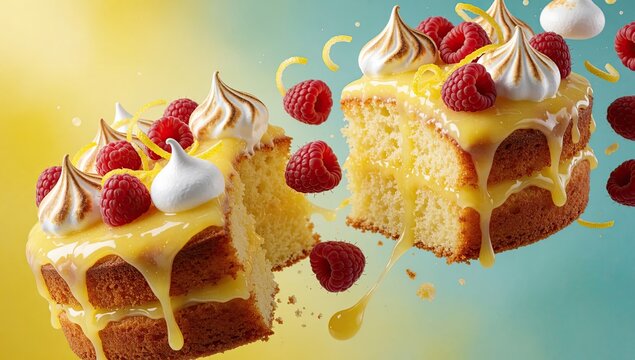Deconstructed lemon sponge cake with floating raspberries and toasted meringue, dynamic dessert explosion with lemon curd and zest on gradient background for bakery menu